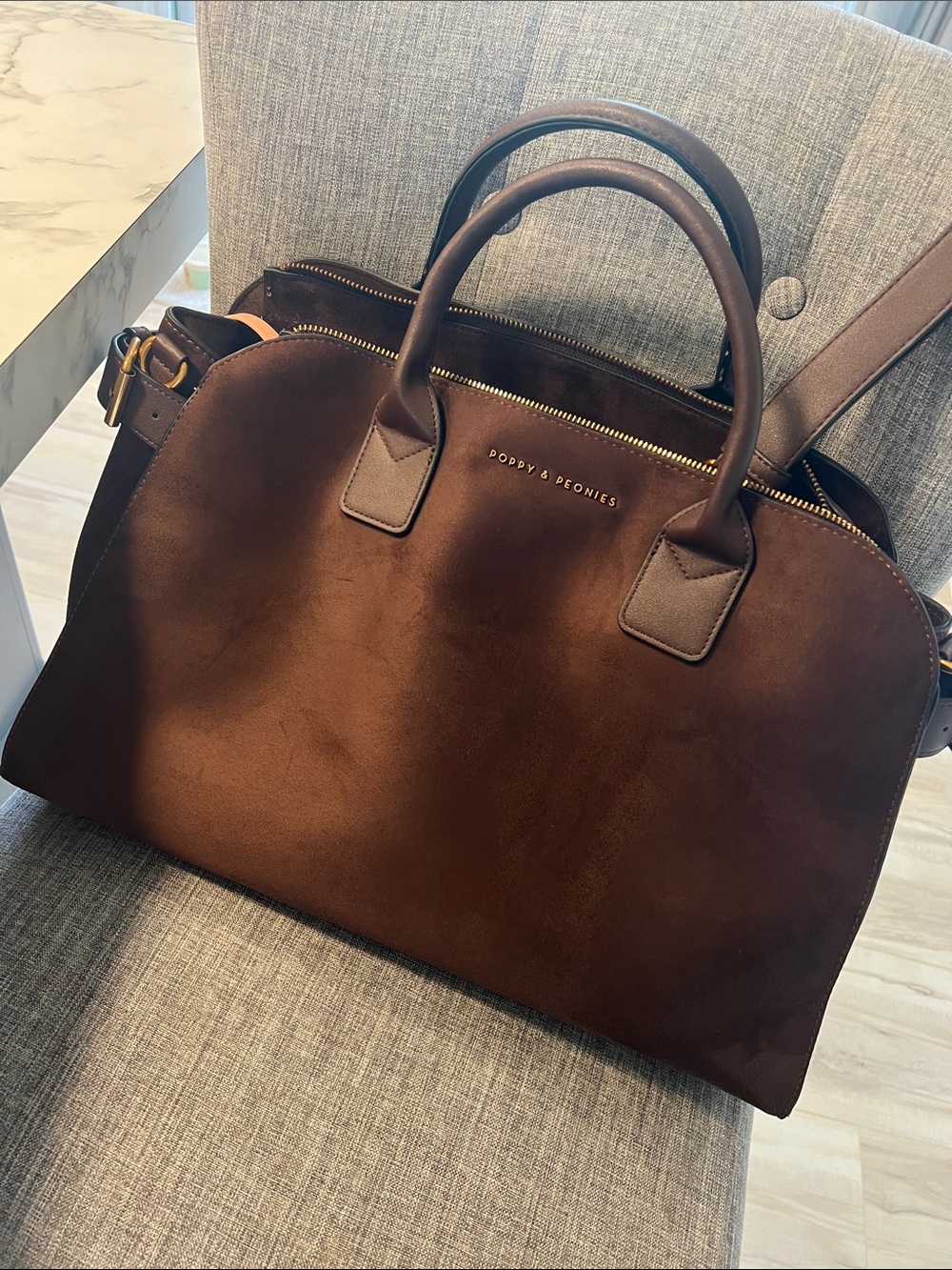 Poppy & Peonies Uptown Tote   Dark Brown Suede like material Laptop/everyday bag